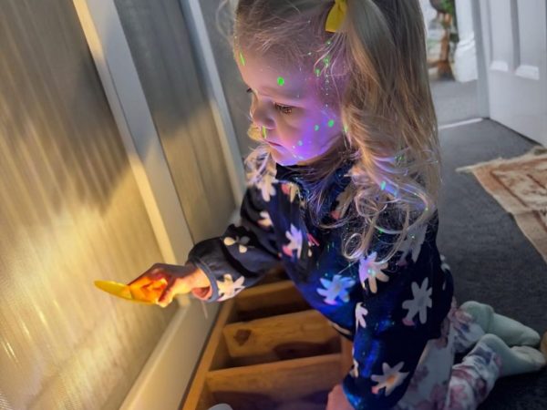 A child exploring lights at Devon Nurseries